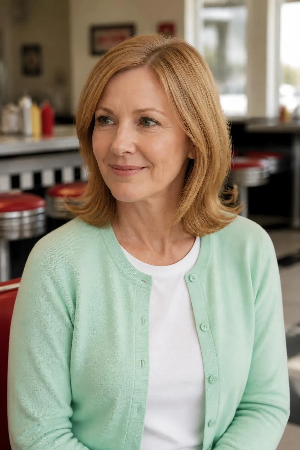 Shoulder-grazing lob with soft outward flipped ends on a woman in her 40s