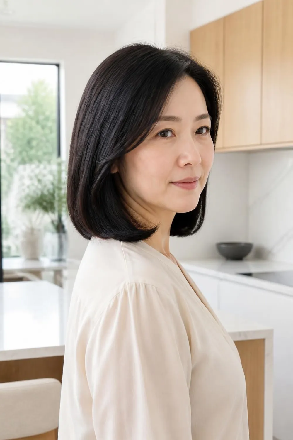 Shoulder-length cut with beveled ends curving under on a woman in her 40s
