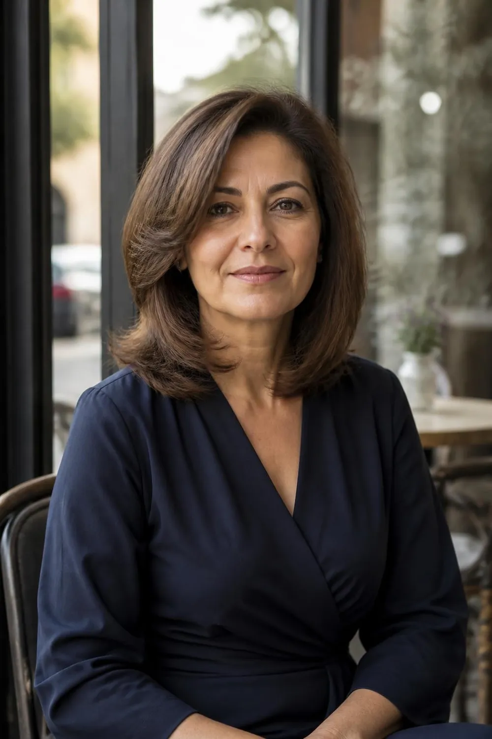 Shoulder-grazing layered haircut with a side part on a woman in her 40s