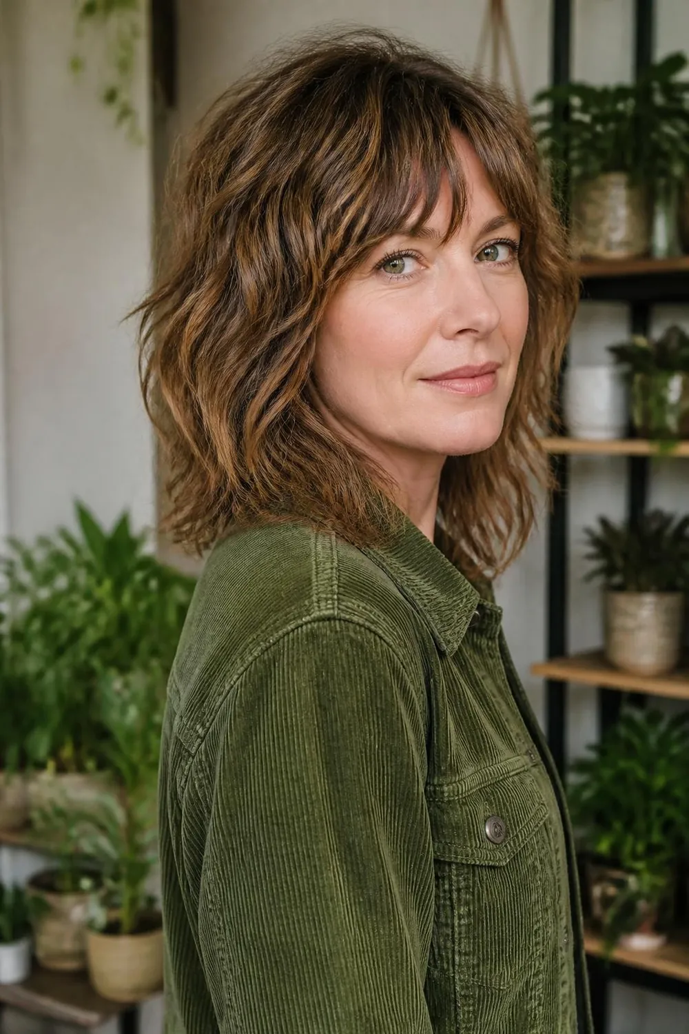 Shoulder-length shag with a wispy fringe and stacked crown layers on a woman in her 40s