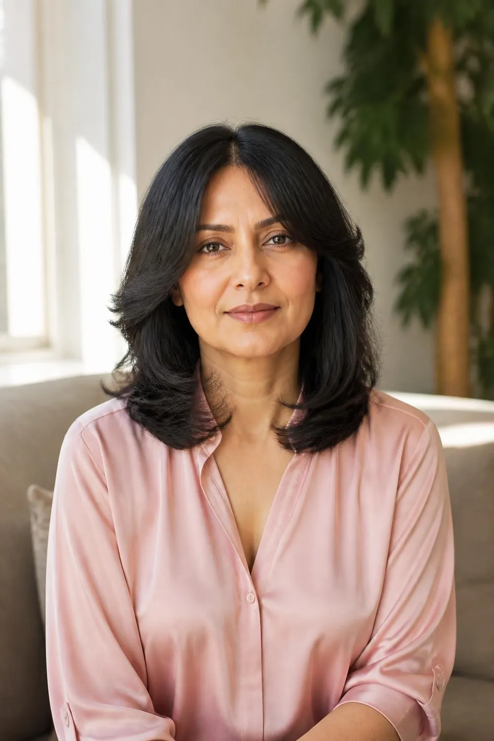 Shoulder-length haircut with curtain bangs parted in the center on a woman in her 40s