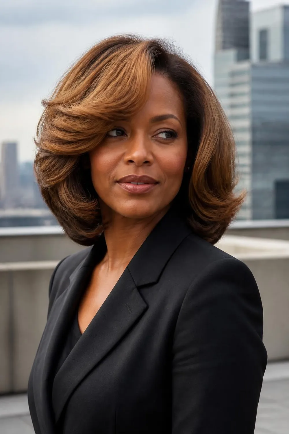 Bouncy 90s blowout layers at shoulder length on a woman in her 40s