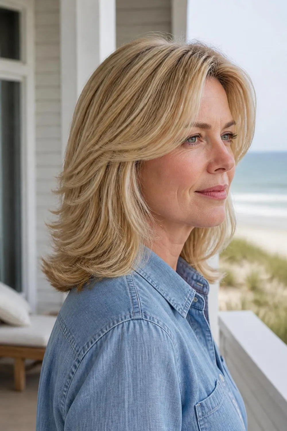 Feathered layers at shoulder length brushed back from the face on a woman in her 40s