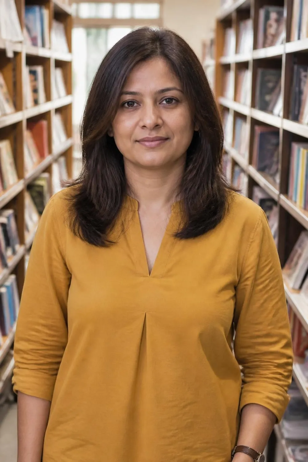 Medium haircut with layers starting at the cheekbones on a South Asian woman in her 40s