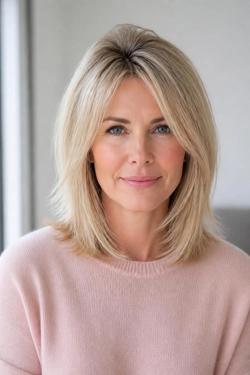 Airy shoulder-length cut with a full perimeter for fine hair on a woman in her 40s