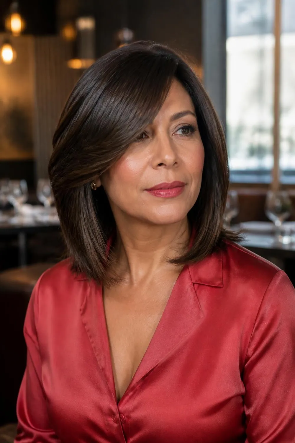 Collarbone-length cut with a deep side part and glossy finish on a woman in her 40s