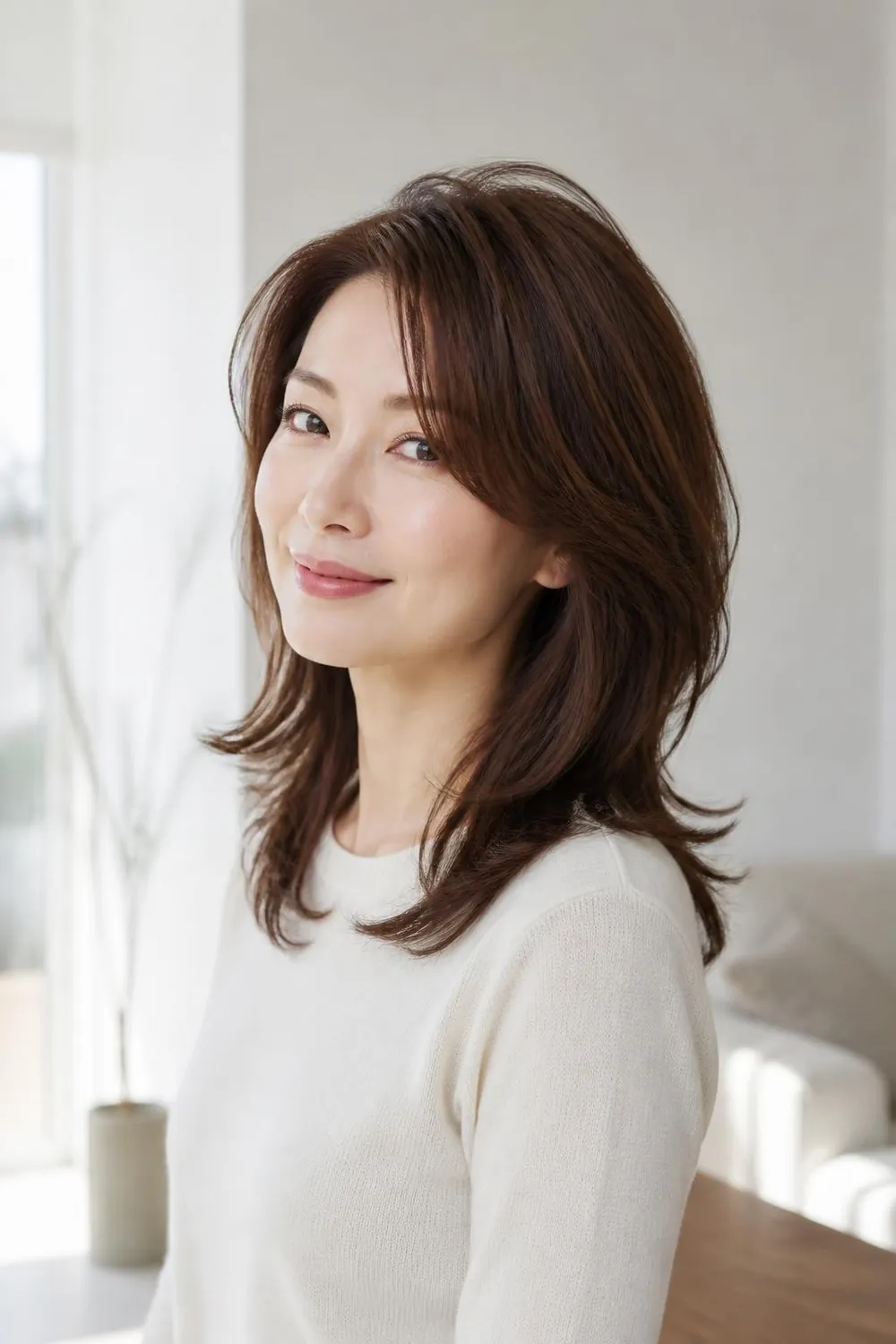 Mid-length layered cut with lifted crown volume on a woman in her 40s