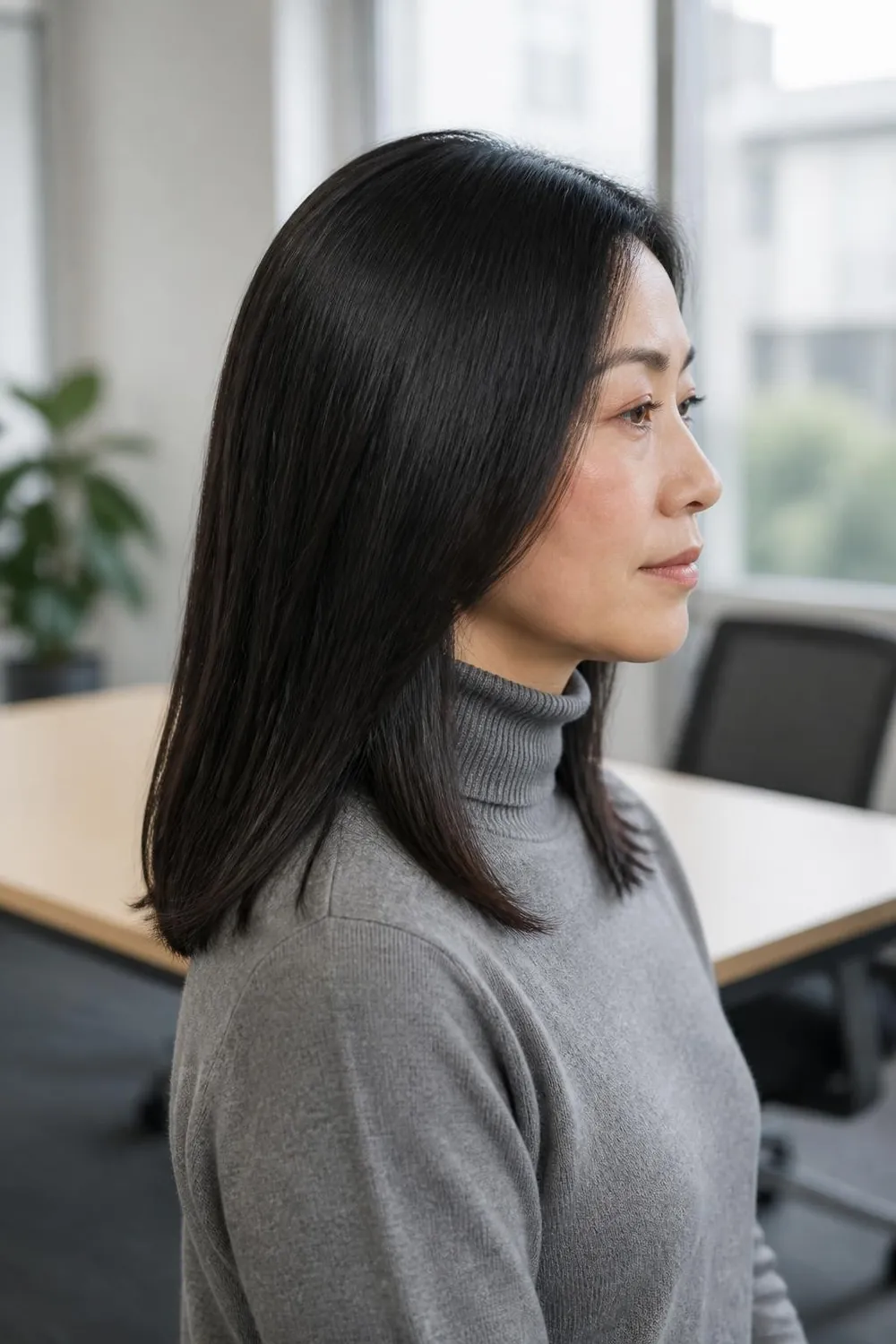 Sleek mid-length straight hair with swingy ends on an East Asian woman in her 40s