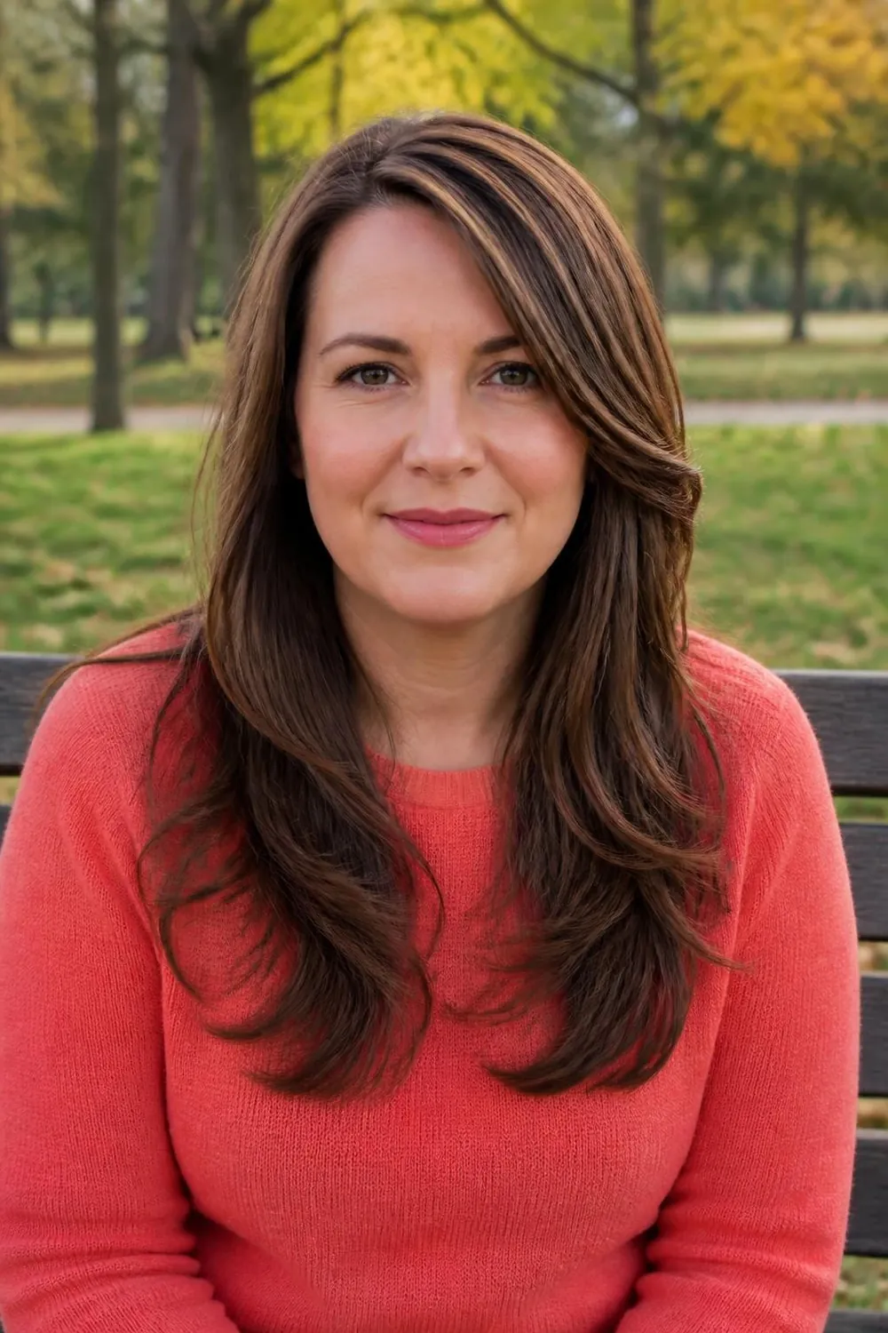 Side-swept mid-length layers that lengthen a round face on a woman in her 40s