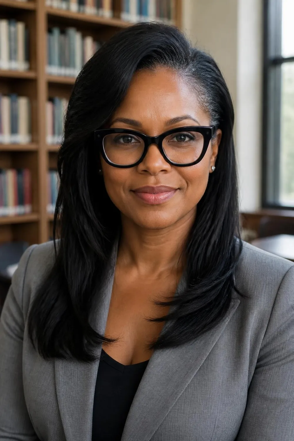Mid-length layers swept off the face for glasses wearers on a woman in her 40s