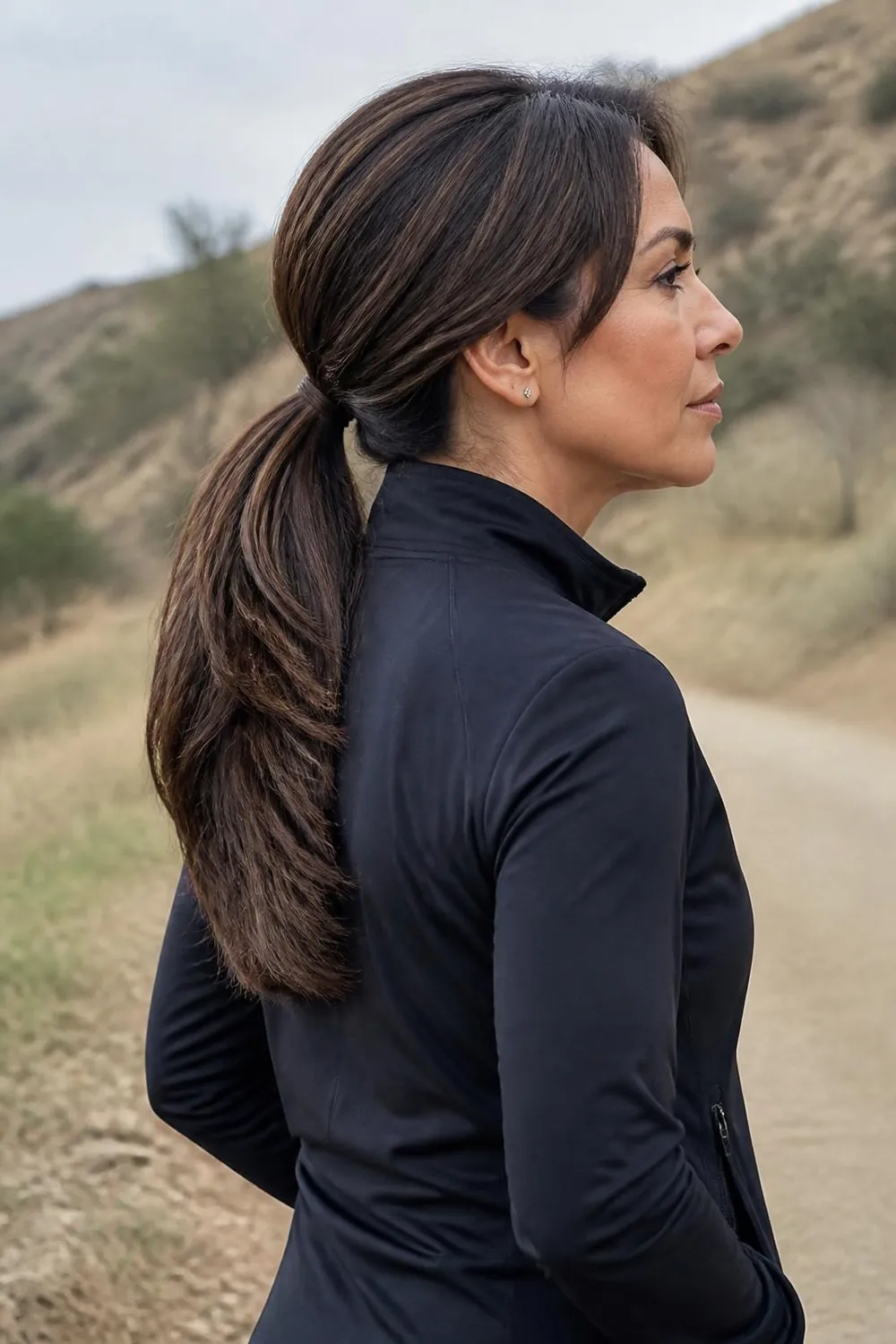 Mid-length layered hair long enough for a ponytail on a Latina woman in her 40s