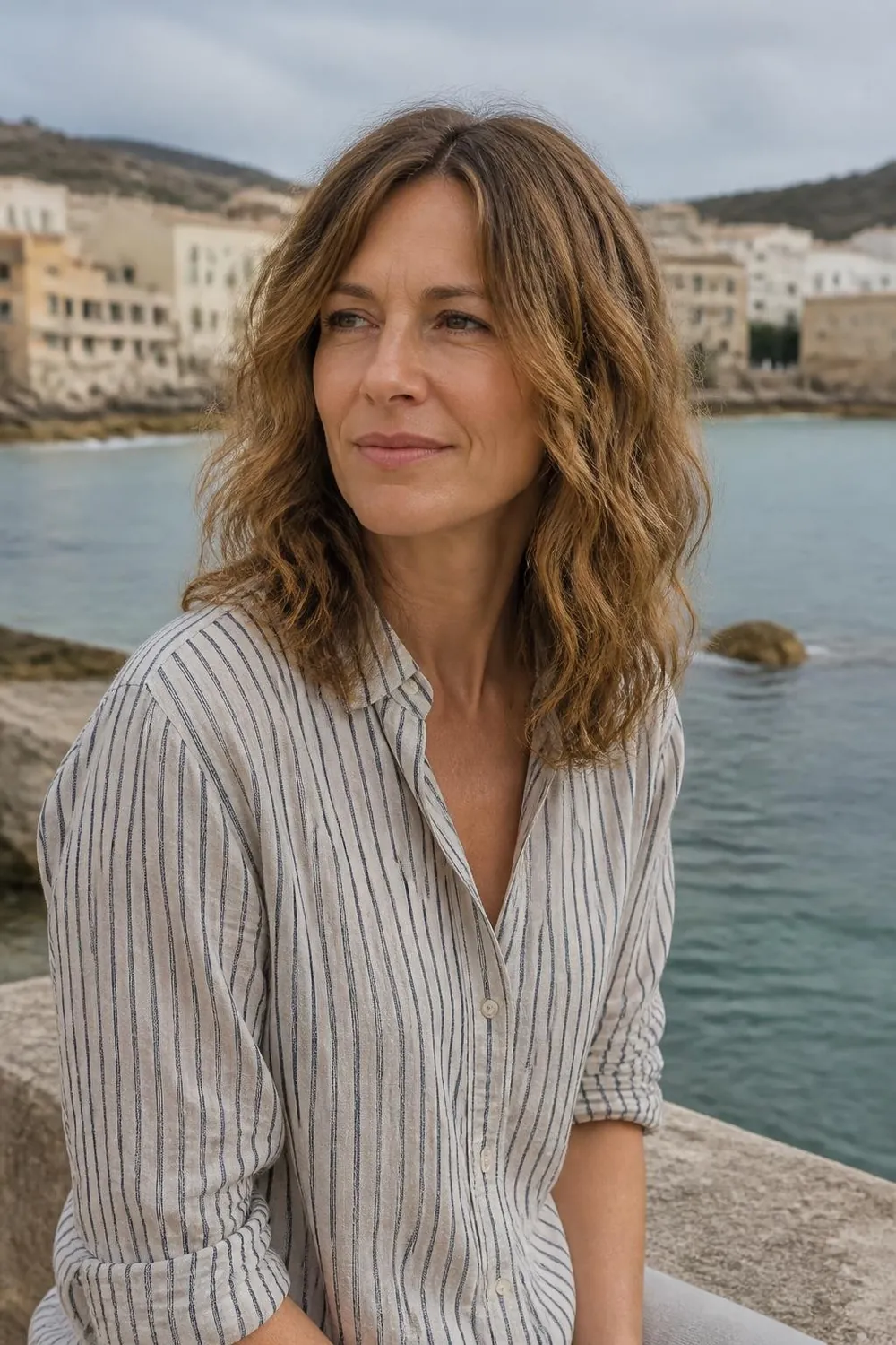 Air-dried wavy layers at medium length on a woman in her 40s