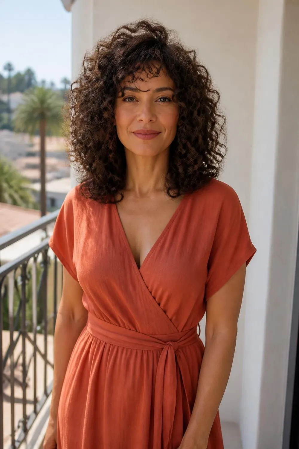 Defined shoulder-length curly layers with lift at the crown on a woman in her 40s
