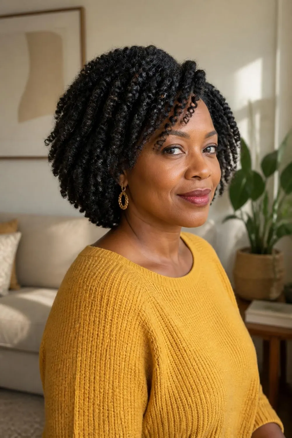 Shoulder-length natural coils with a tapered rounded shape on a Black woman in her 40s