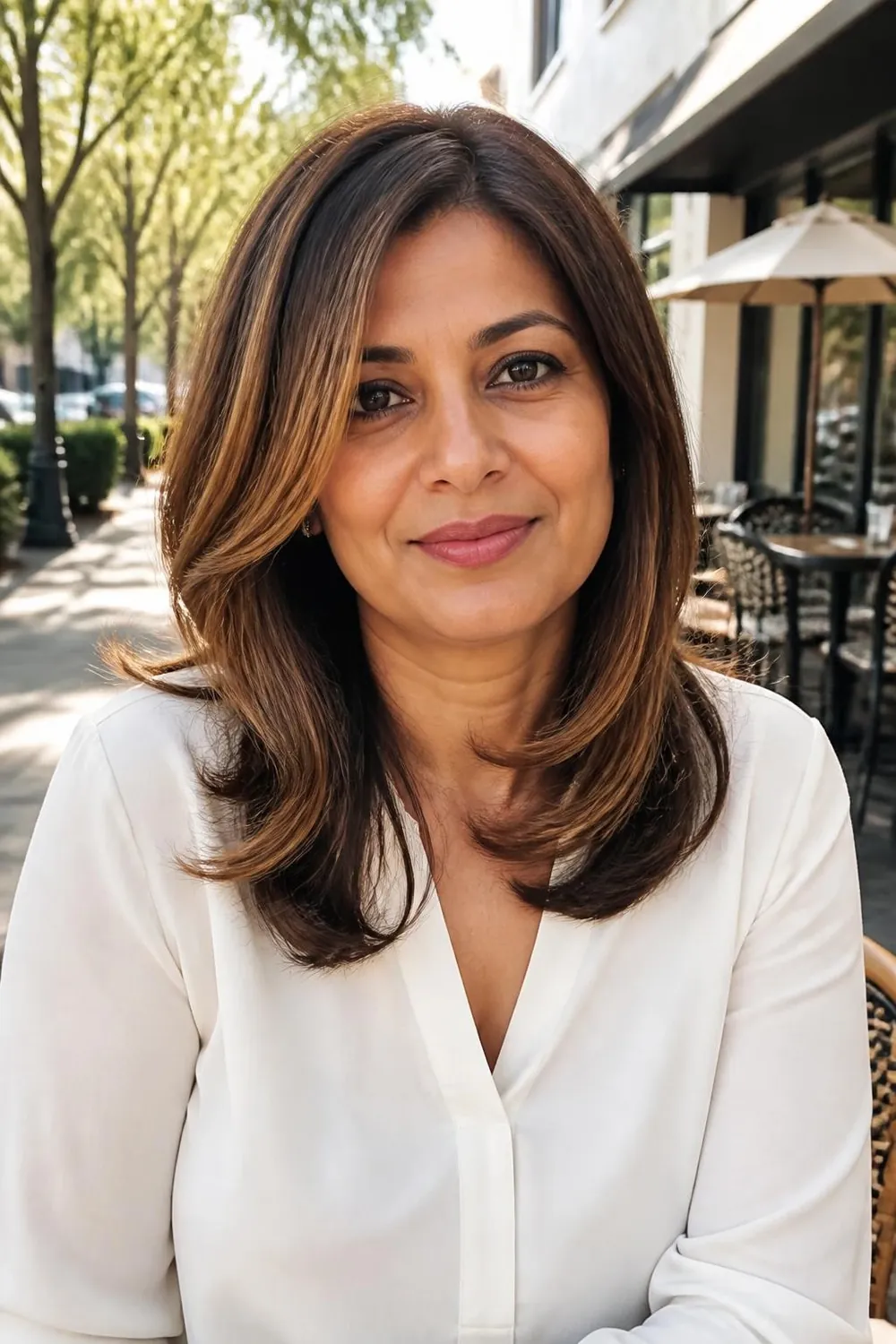 Mid-length cut with bright face-framing money piece highlights on a woman in her 40s