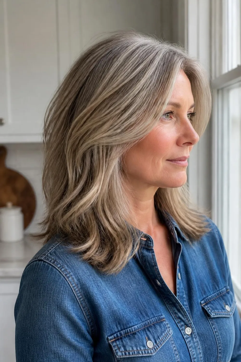 Silver-blended mid-length layers with natural gray streaks on a woman in her late 40s