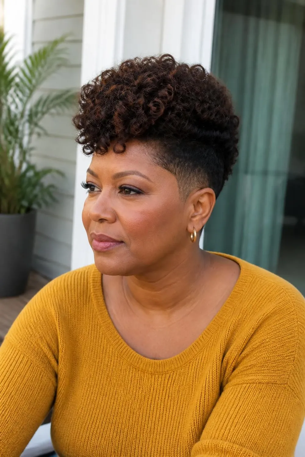 Curly pixie with tapered sides and tall curls on top for a round face