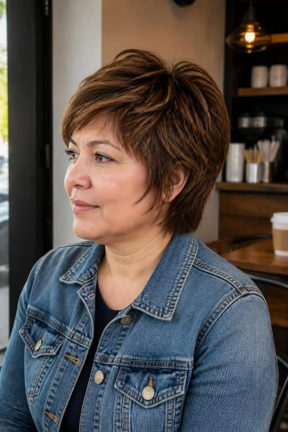 Shaggy bixie with choppy layers on a woman in her 40s with a round face