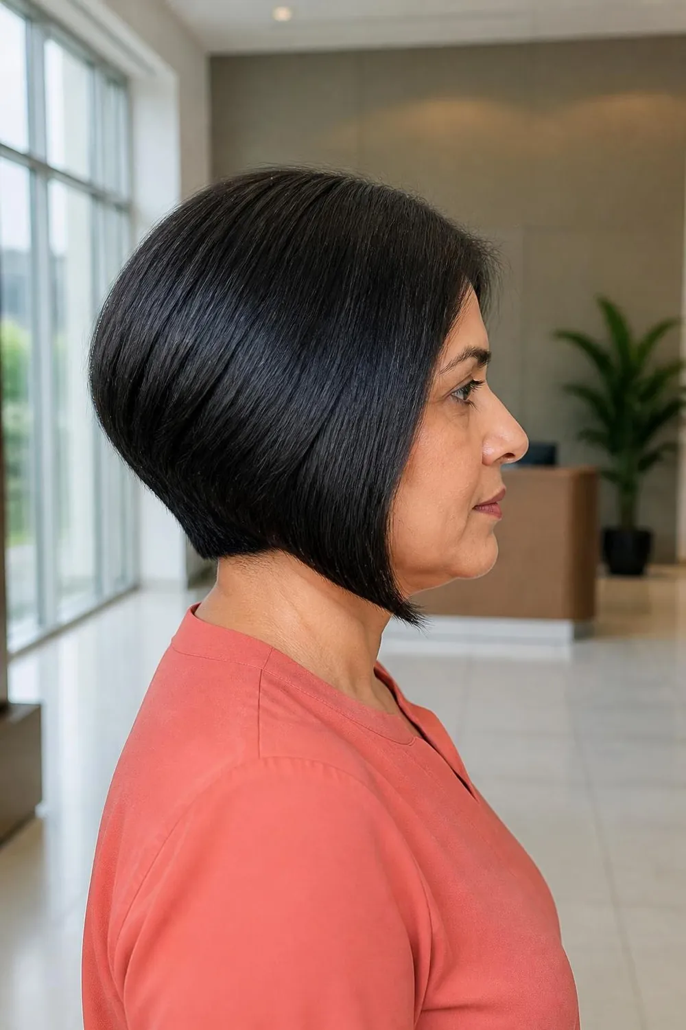 Side view of a stacked bob with a tapered nape for a round face