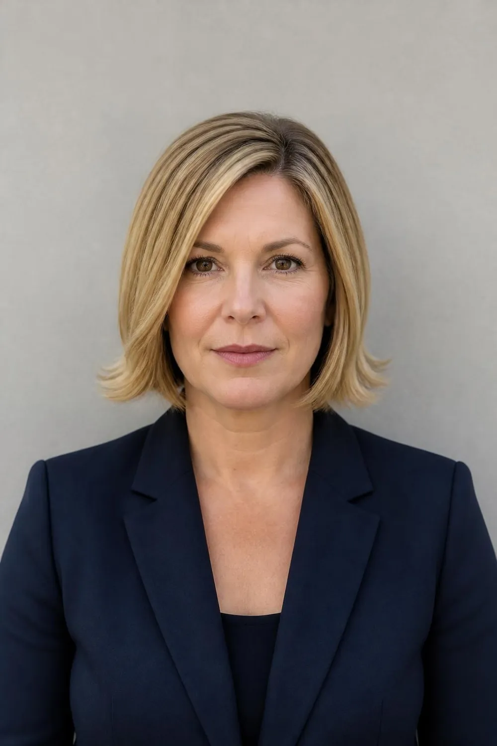 Angled A-line bob longer in front for a woman over 40 with a round face