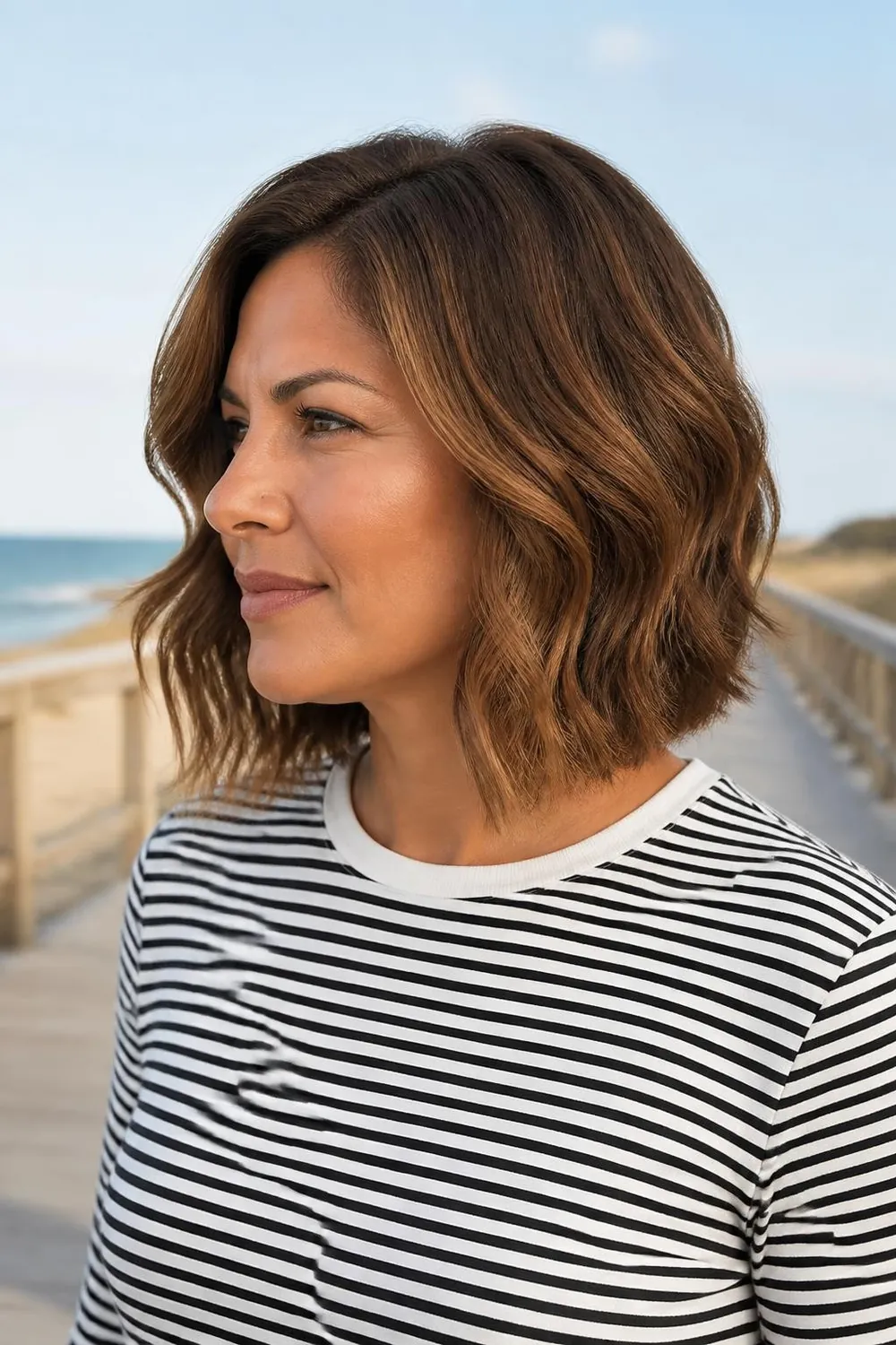 Tousled wavy bob just below the chin with lift at the roots for round faces