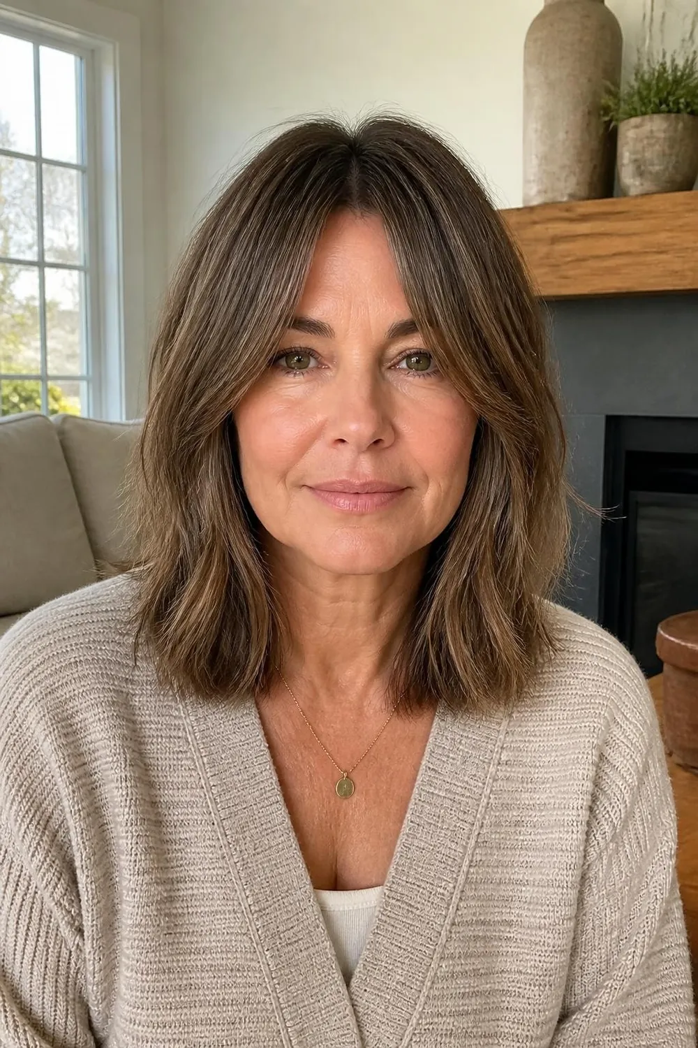 Textured lob with long curtain bangs parted in the center for a round face