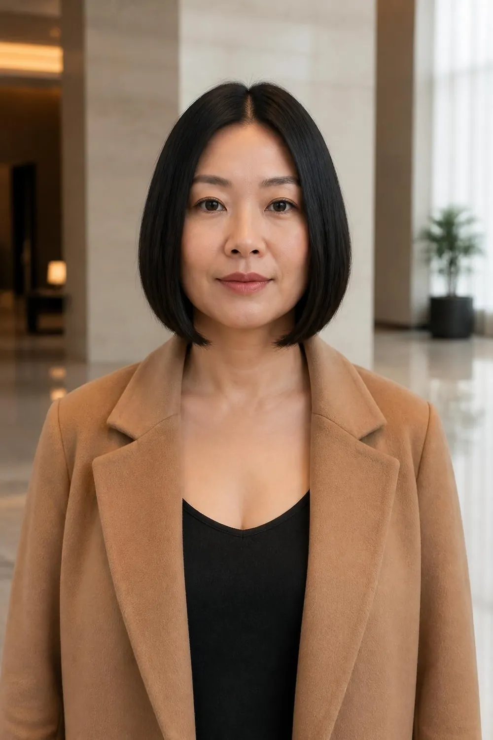 Sleek straight center-part lob on a woman in her 40s with a round face
