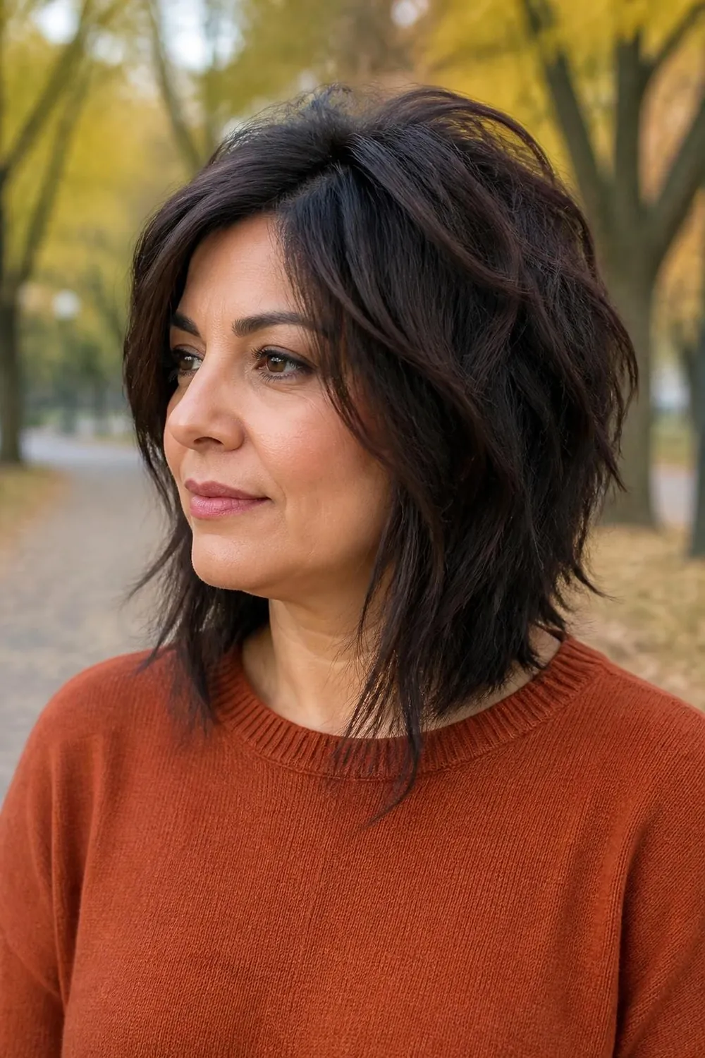 Choppy shag lob with a layered crown and face-framing pieces for round faces