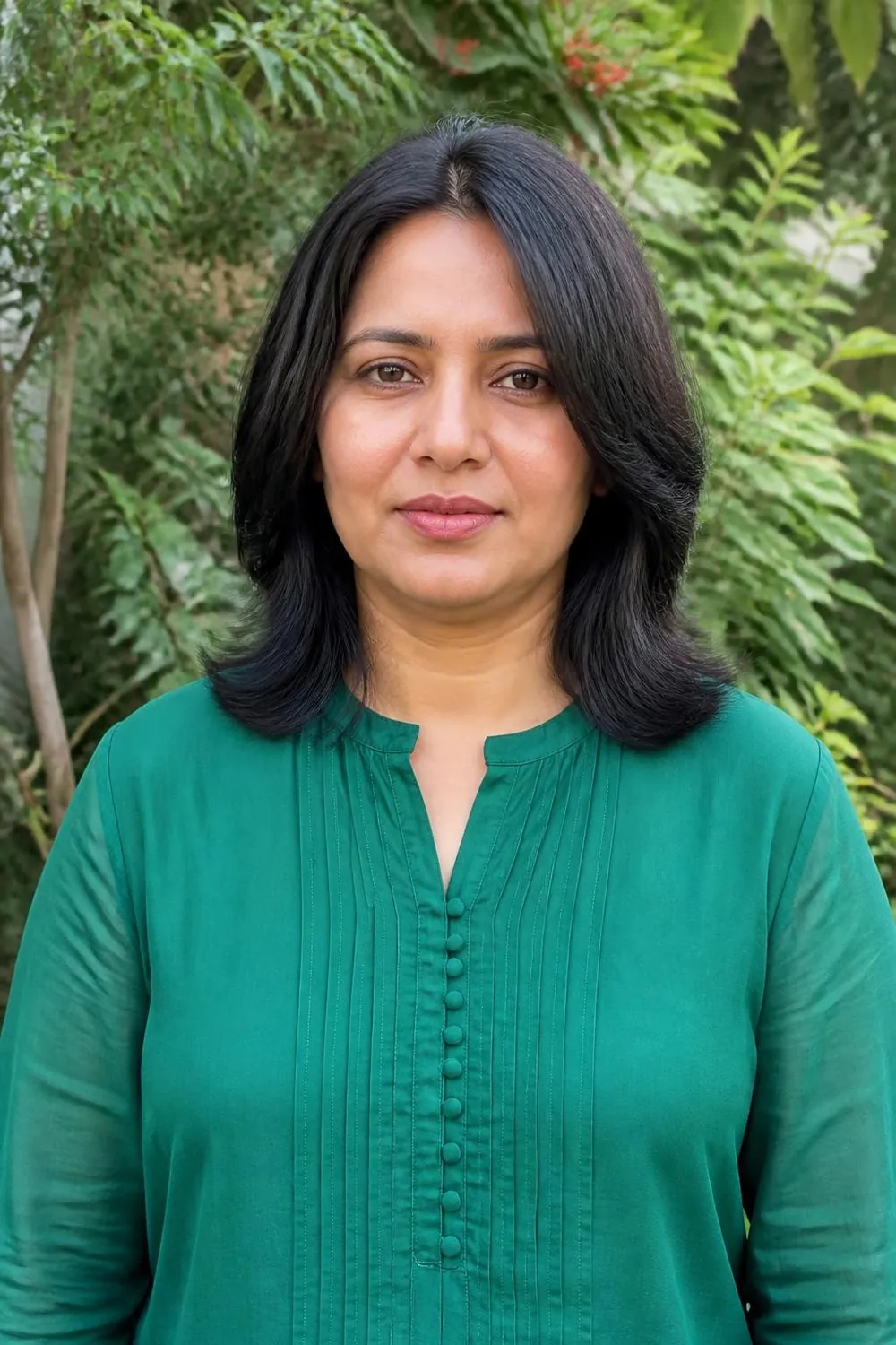Collarbone-length haircut with long face-framing layers on a round face