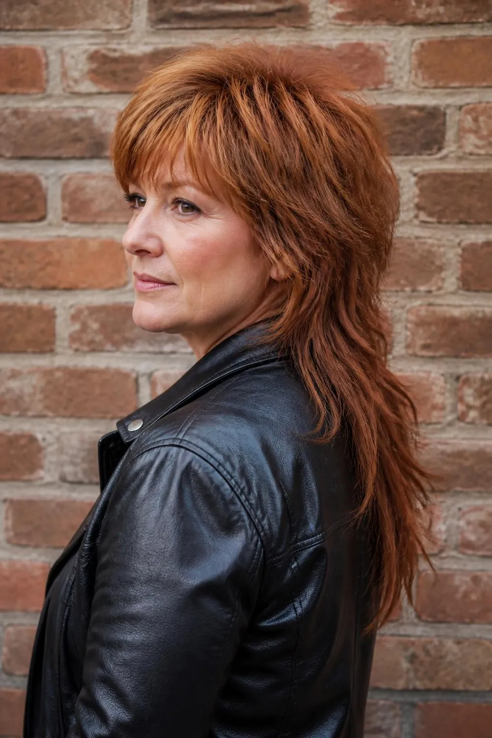 Soft wolf cut with shaggy crown layers on a round face in her 40s