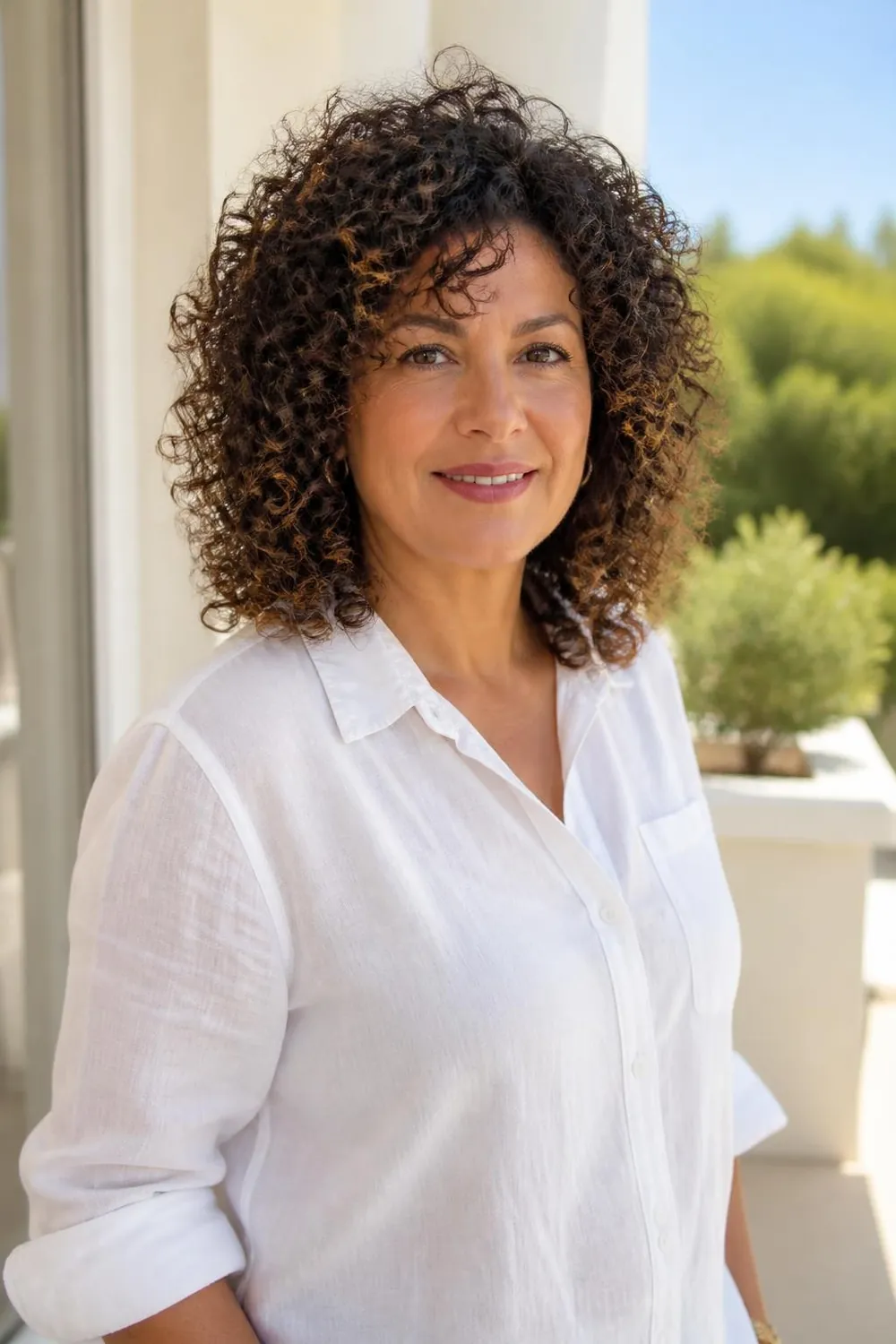 Curly shoulder-length shag with crown height for a round face over 40