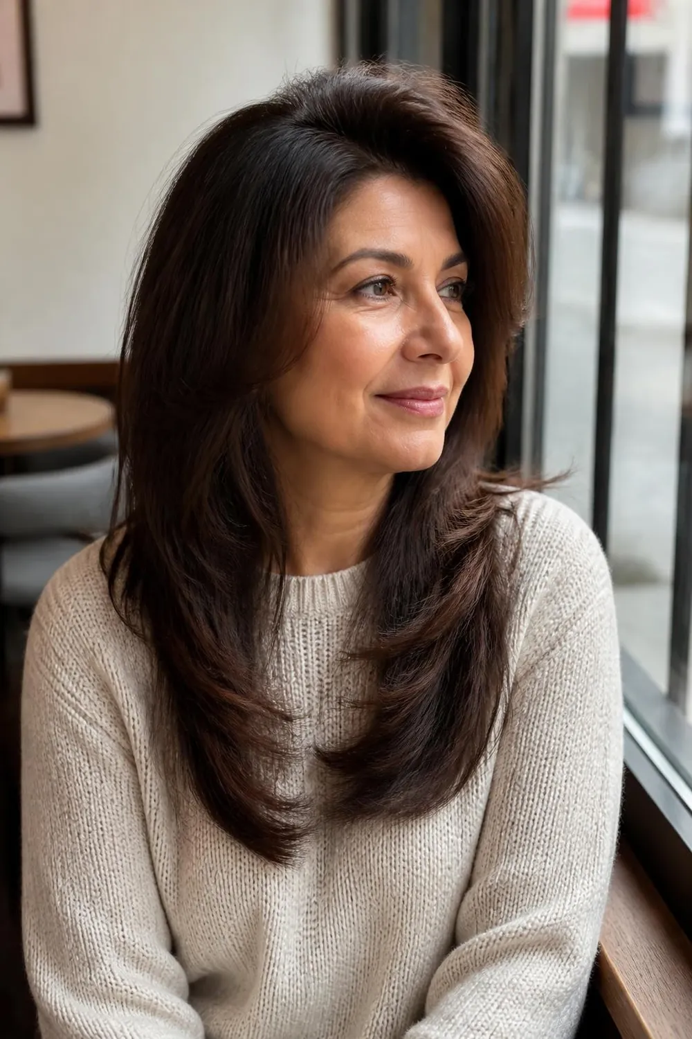 Long layered hair with a deep side part on a woman with a round face