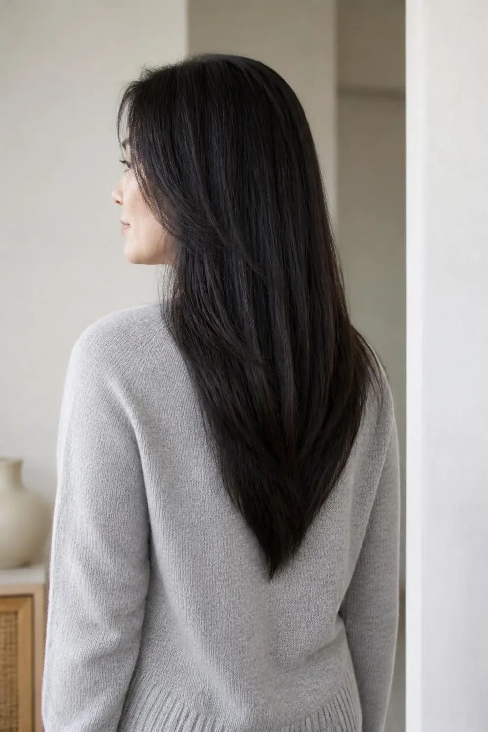 Back view of long hair with a V-cut hemline and soft layers for round faces