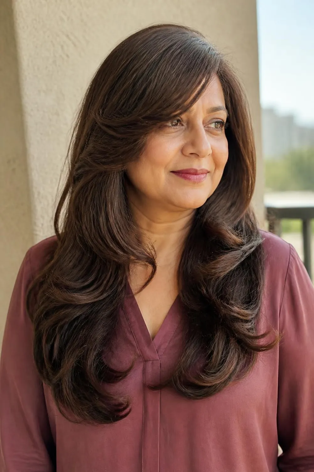 Long hair with swoopy side-swept bangs for a woman over 40 with a round face
