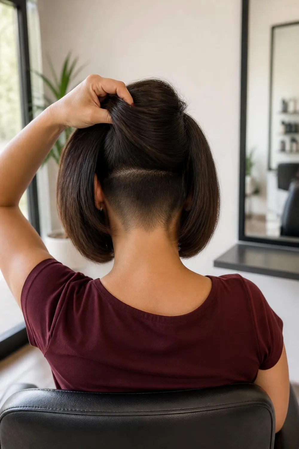 Back view of a chin-length bob with a nape undercut on thick hair