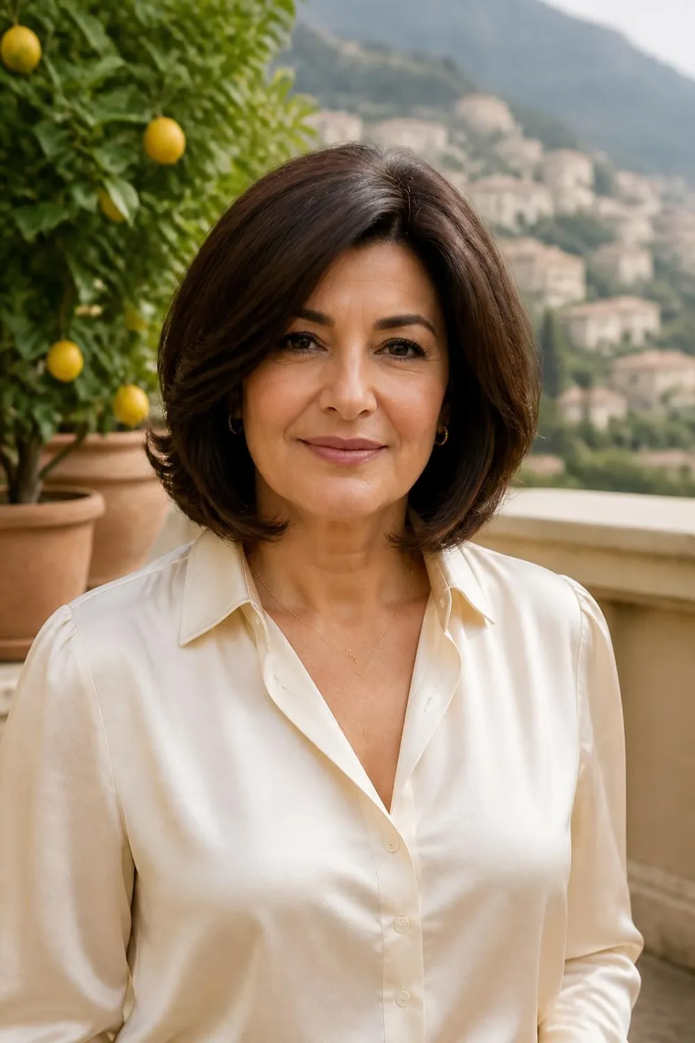 Chunky jaw-length Italian bob with soft volume on a woman in her 40s