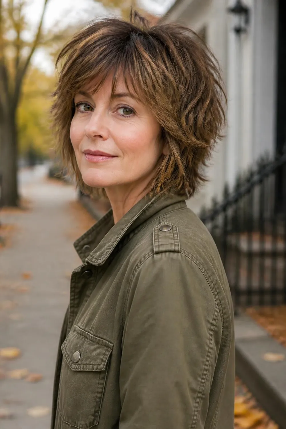 Short shag with a feathered fringe on thick hair for a woman over 40