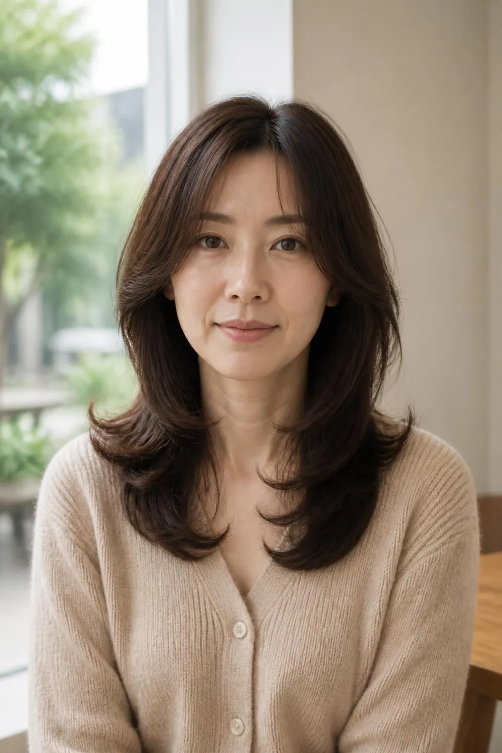 Korean-style hush cut with airy layers for thick straight hair over 40