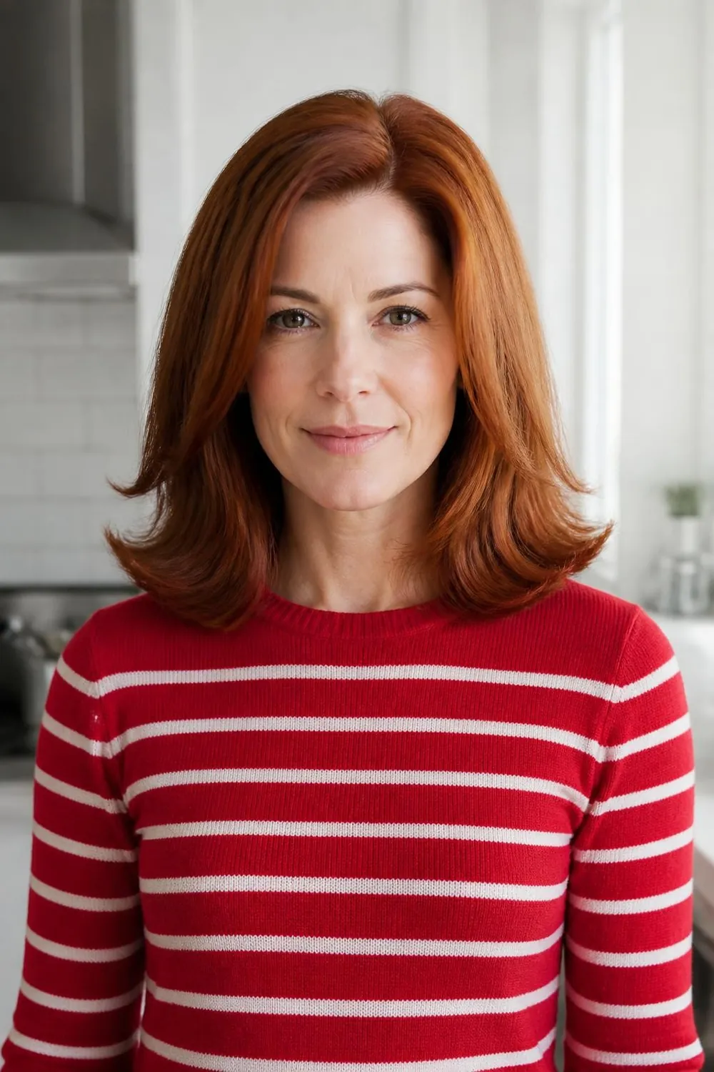 Shoulder-length lob with flipped-out ends on thick hair for a woman over 40