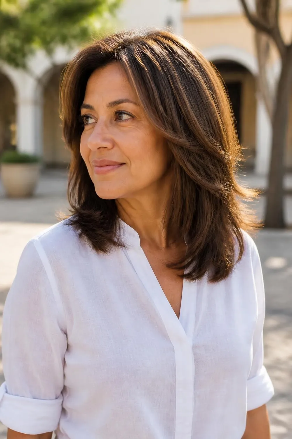 Shoulder-length thick hair with soft slide-cut layers on a woman in her 40s