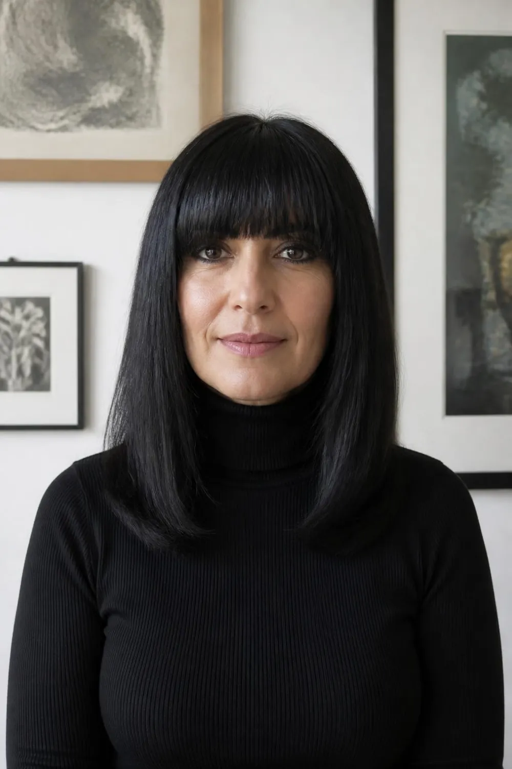 Mid-length thick hair with heavy blunt bangs on a woman over 40