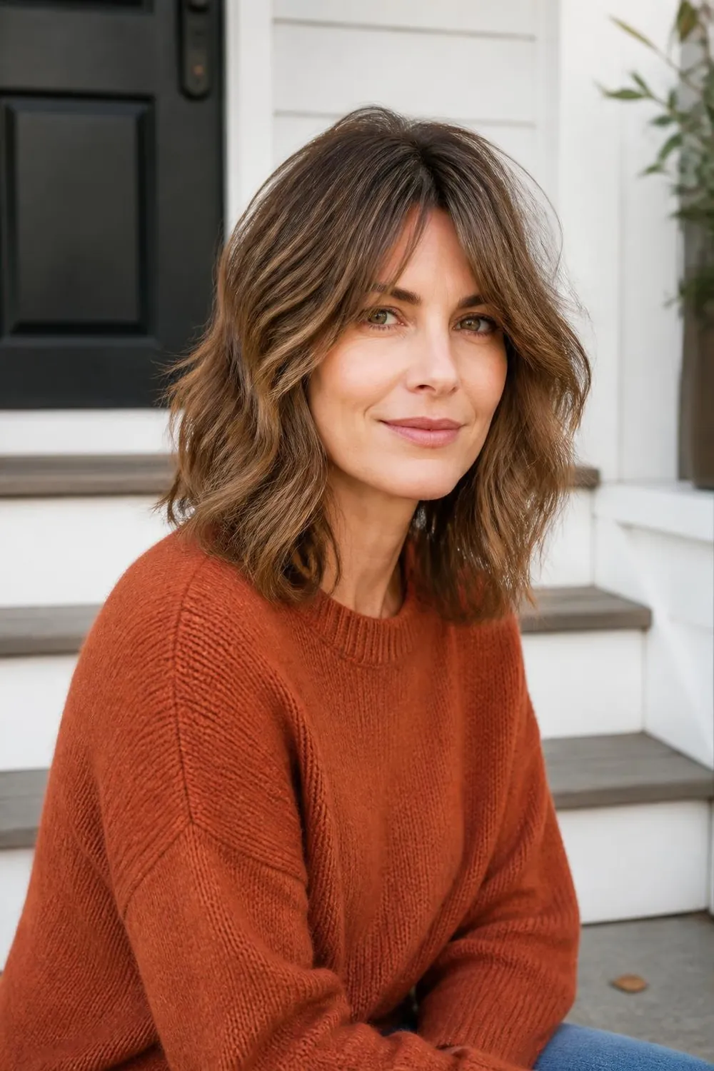Medium shag with curtain bangs on thick wavy hair for a woman in her 40s
