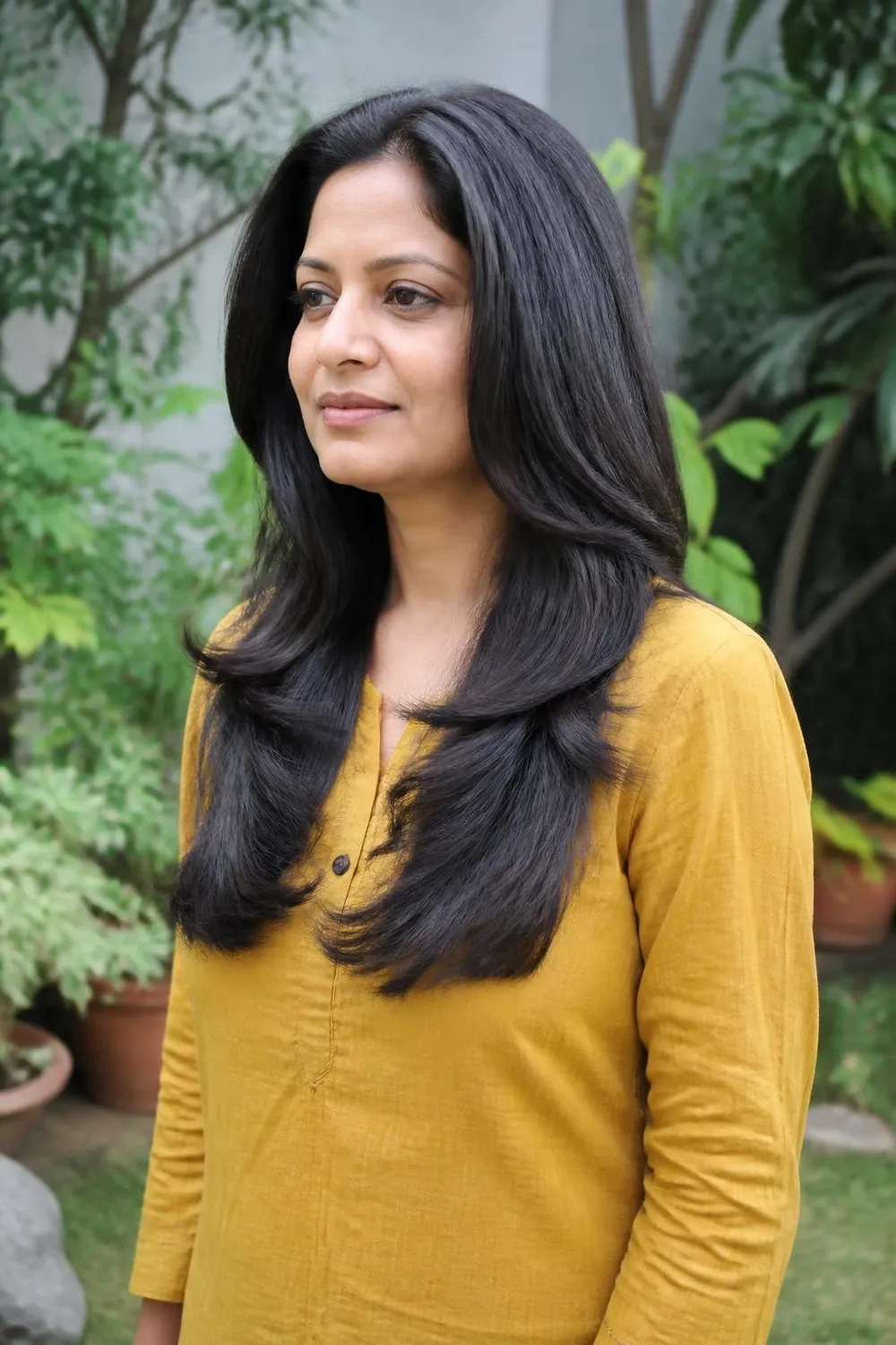 Long thick hair with internal layers for movement on a woman over 40