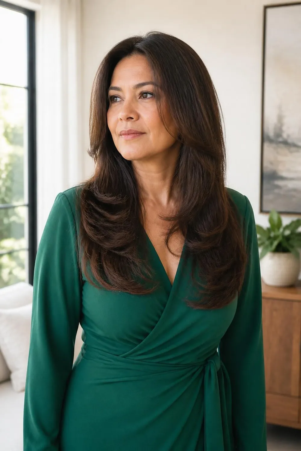 Long thick hair with distinct step-cut layers on a woman in her 40s