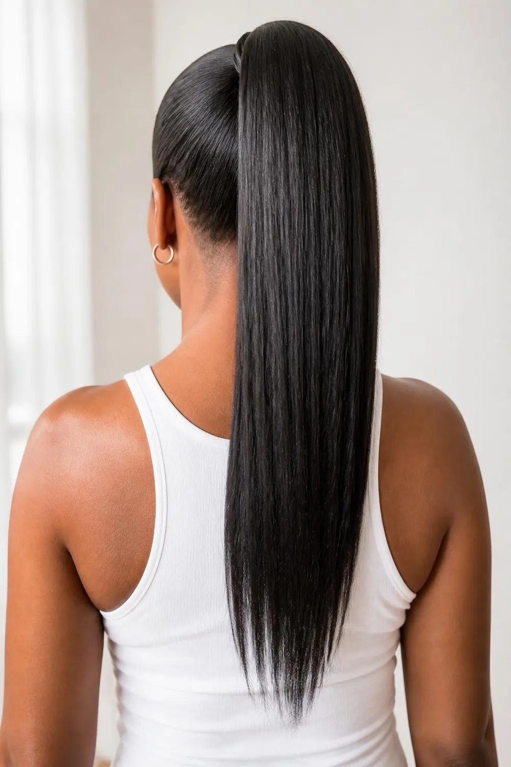 Long thick hair lifted to show a hidden nape undercut on a woman in her 40s