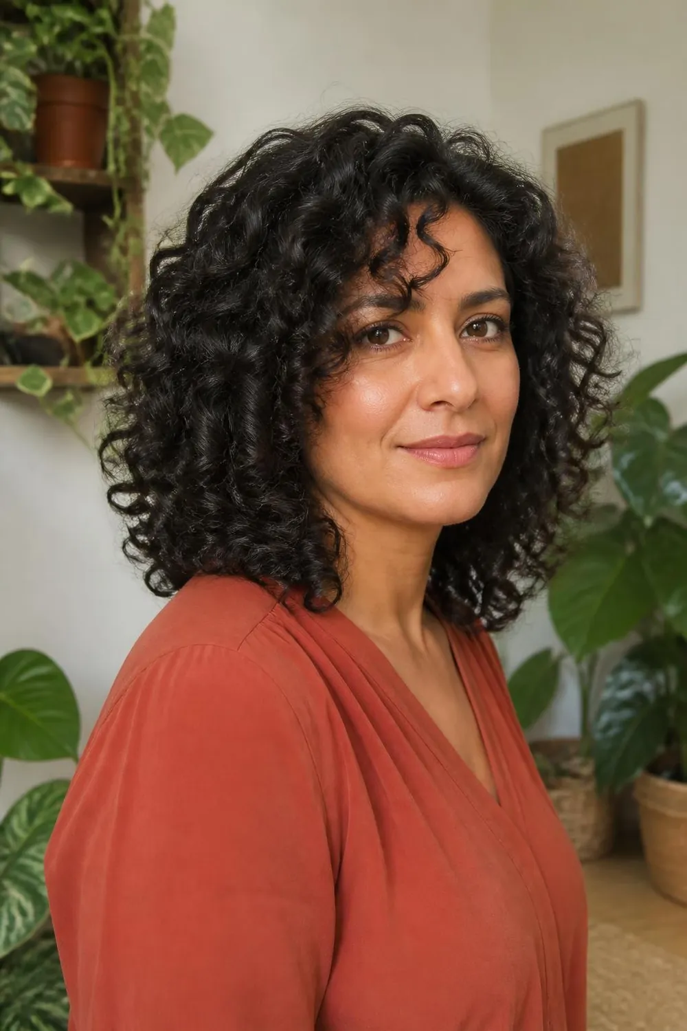 Shoulder-length thick curly hair with carved layers on a woman over 40