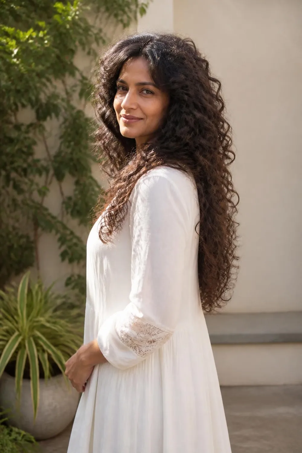 Long thick curls layered to avoid a triangle shape on a woman in her 40s