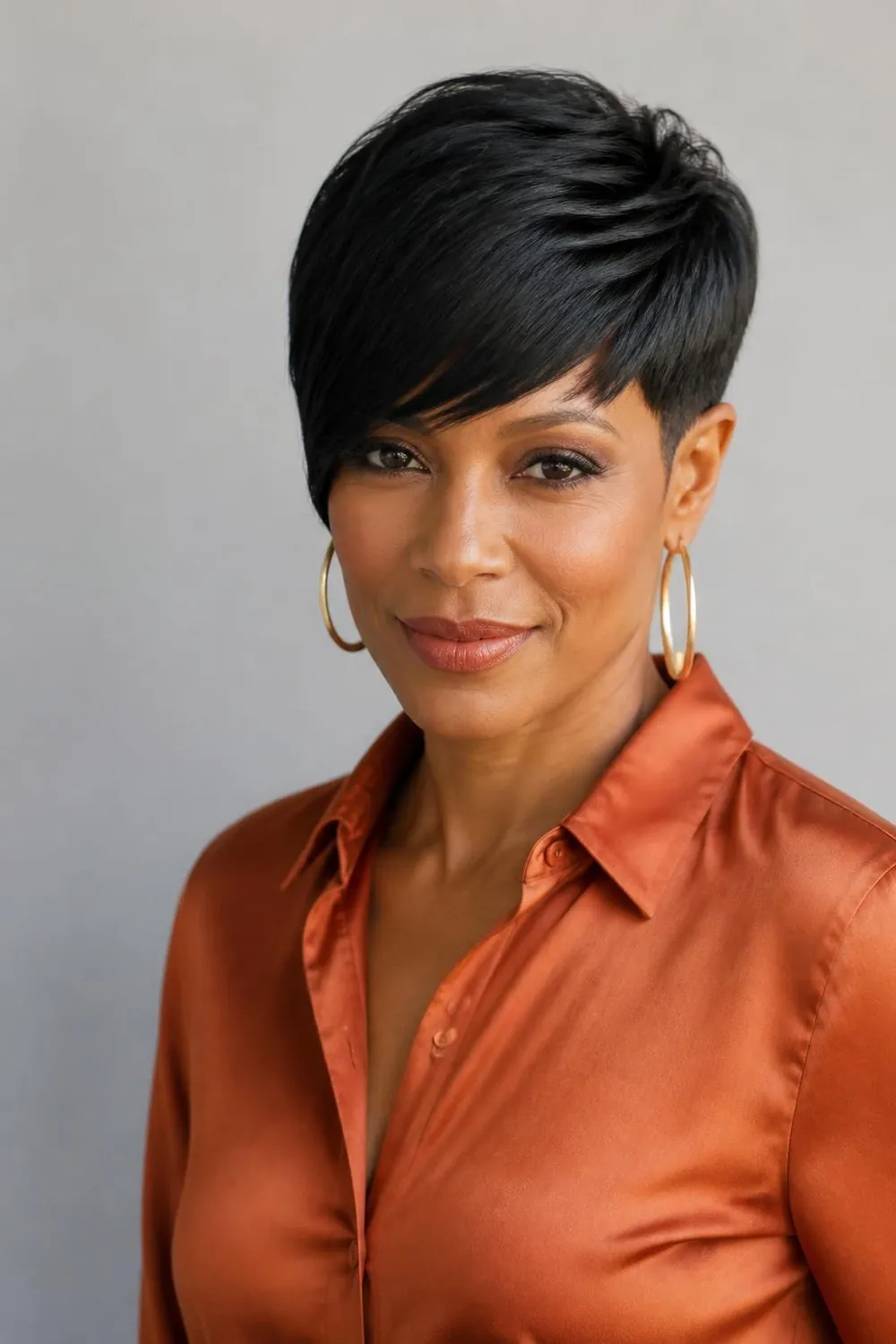 Short pixie with a diagonal side fringe on a Black woman in her 40s