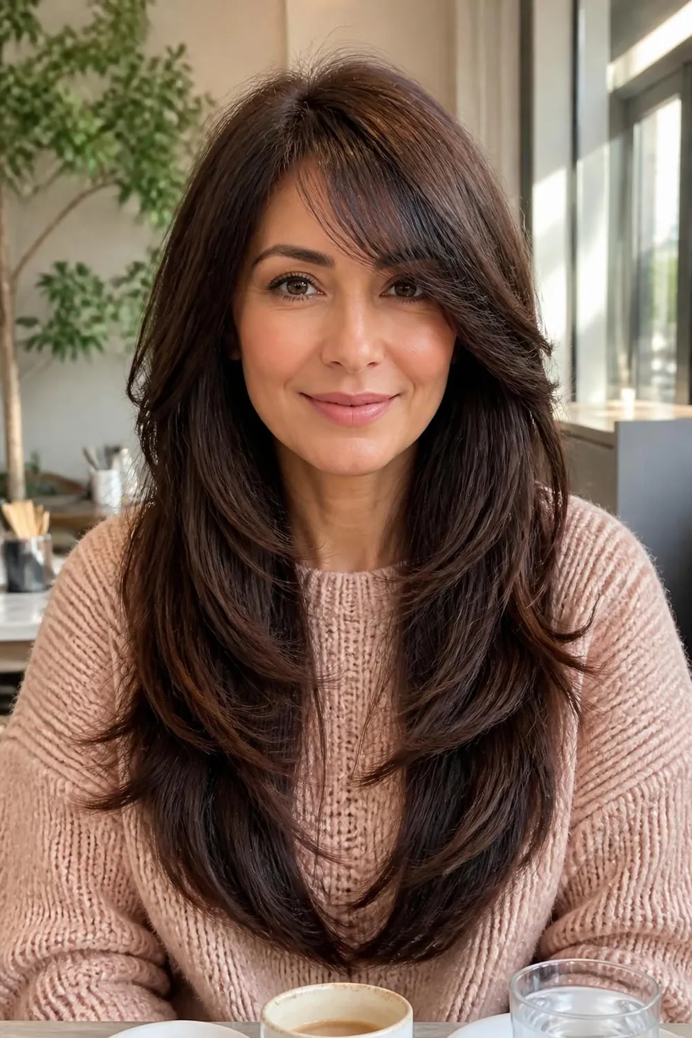 Long layered hair with a soft side fringe on a woman in her 40s