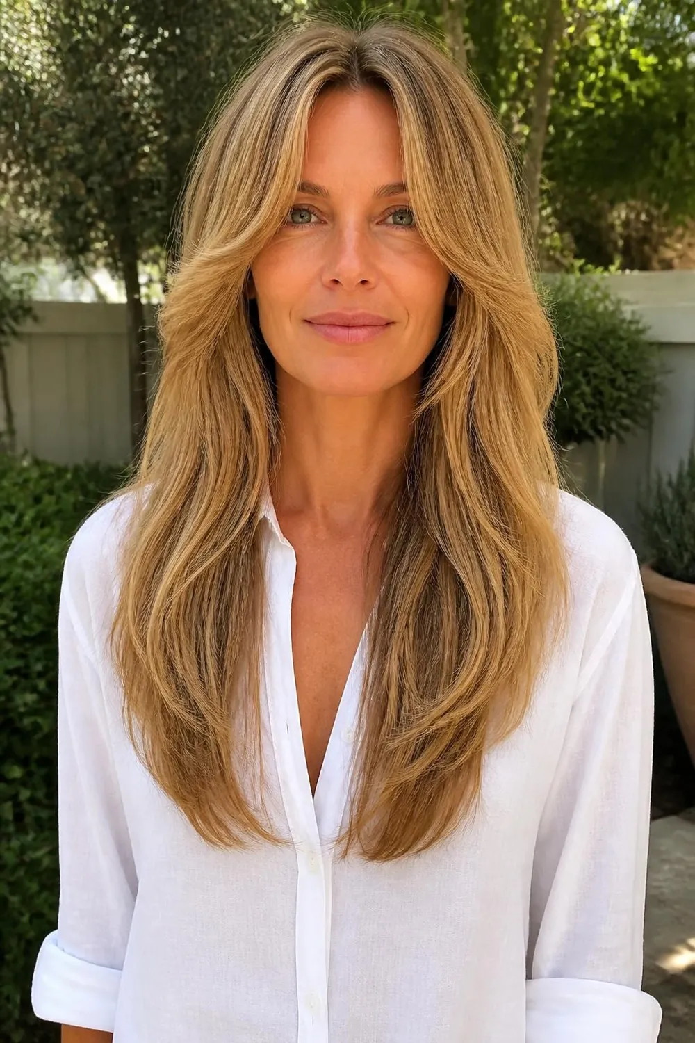 Long hair with center-parted curtain bangs at cheekbone length on a woman in her 40s